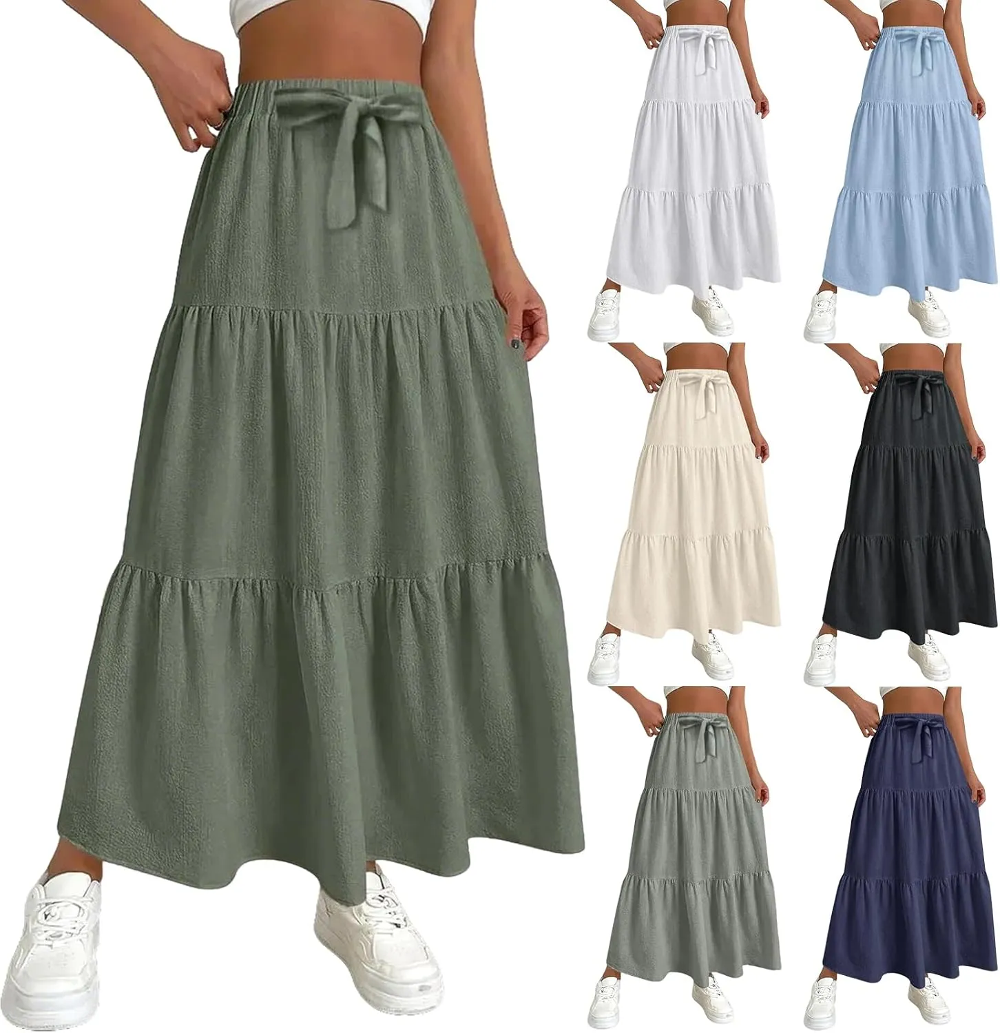 Linen Maxi Skirts for Women 2025 Summer Boho Long Flowy Skirt Bow Tie Elastic Waist Tiered Swing Pleated A Line Skirt