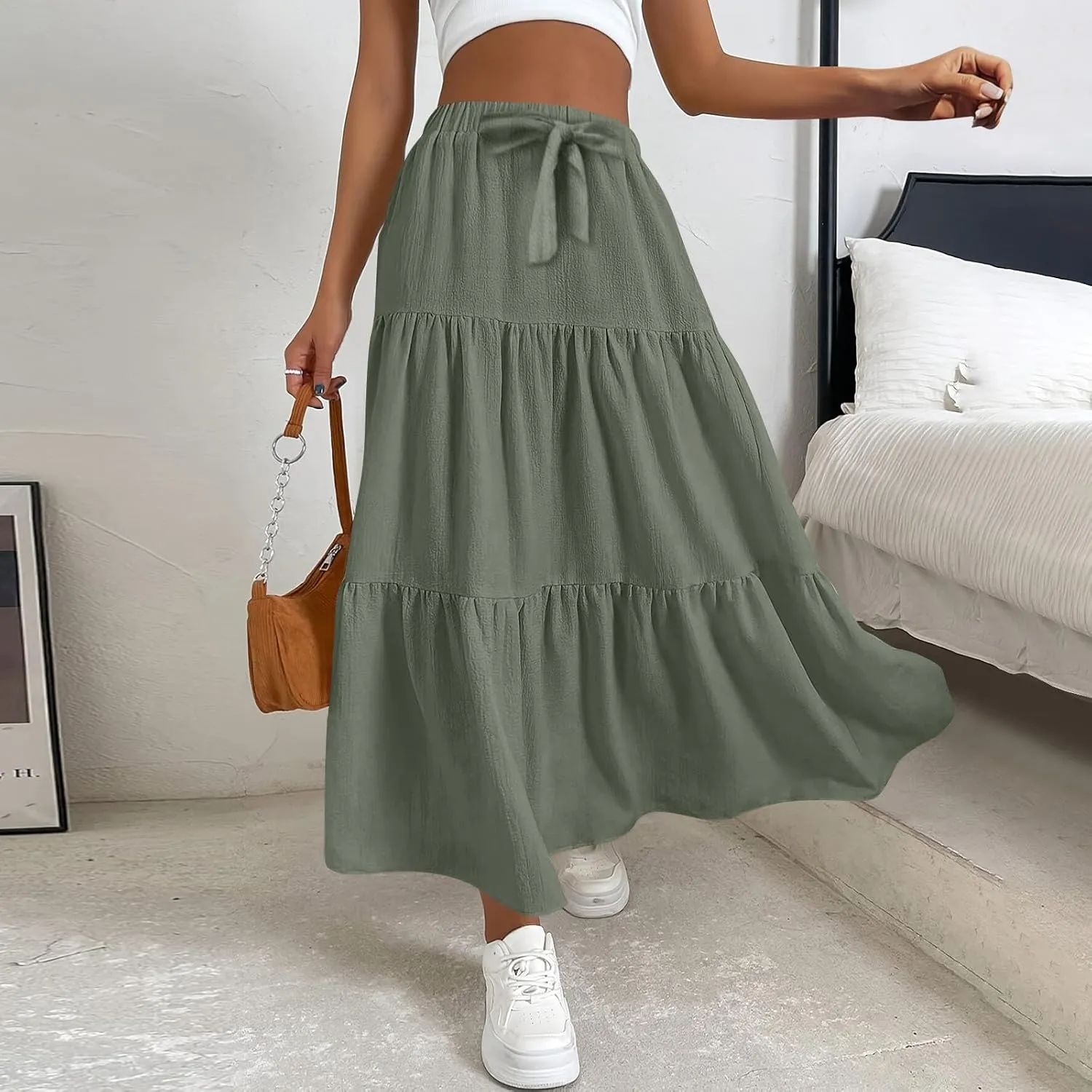 Linen Maxi Skirts for Women 2025 Summer Boho Long Flowy Skirt Bow Tie Elastic Waist Tiered Swing Pleated A Line Skirt