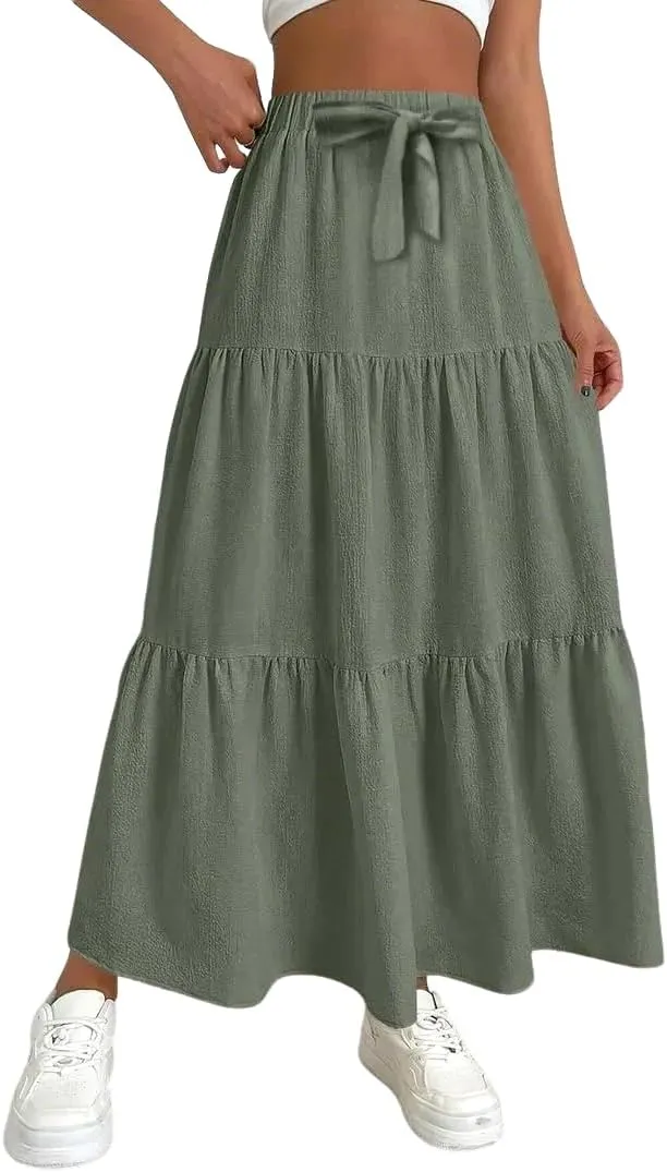 Linen Maxi Skirts for Women 2025 Summer Boho Long Flowy Skirt Bow Tie Elastic Waist Tiered Swing Pleated A Line Skirt