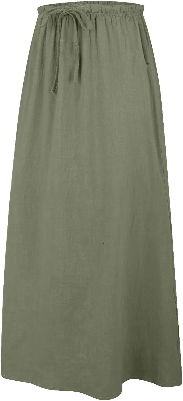 Linen Maxi Skirts for Women Trendy Summer Comfy Drawstring Waist A Line Skirts Cute Vacation Boho Long Flowy Skirts