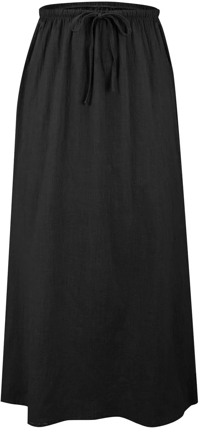 Linen Maxi Skirts for Women Trendy Summer Comfy Drawstring Waist A Line Skirts Cute Vacation Boho Long Flowy Skirts