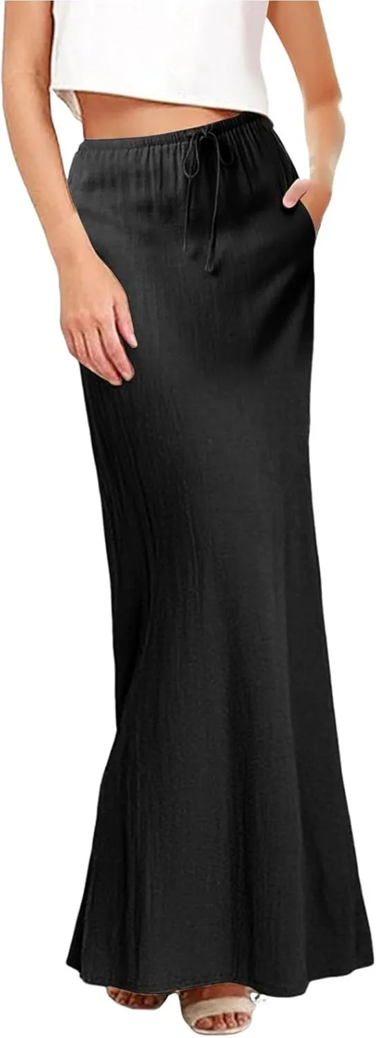 Linen Maxi Skirts for Women Trendy Summer Comfy Drawstring Waist A Line Skirts Cute Vacation Boho Long Flowy Skirts