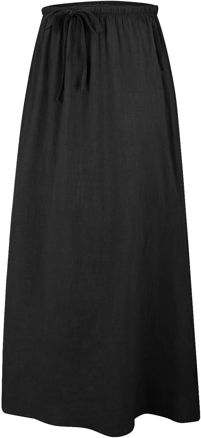 Linen Maxi Skirts for Women Trendy Summer Comfy Drawstring Waist A Line Skirts Cute Vacation Boho Long Flowy Skirts