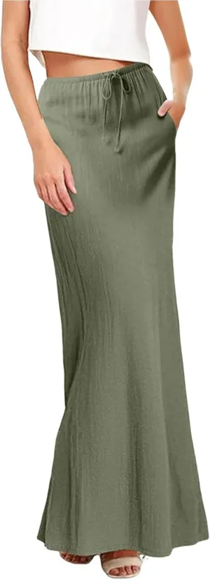 Linen Maxi Skirts for Women Trendy Summer Comfy Drawstring Waist A Line Skirts Cute Vacation Boho Long Flowy Skirts
