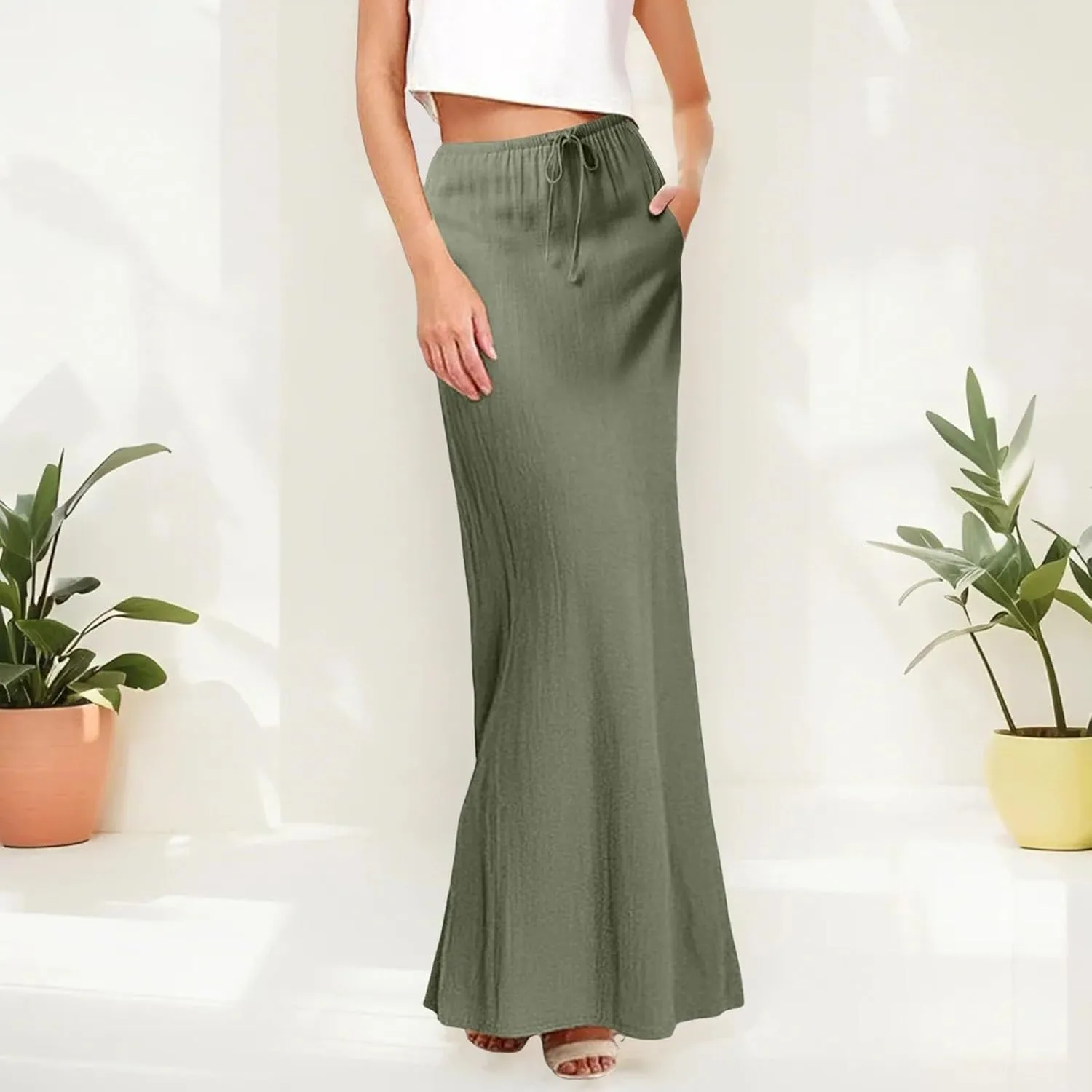 Linen Maxi Skirts for Women Trendy Summer Comfy Drawstring Waist A Line Skirts Cute Vacation Boho Long Flowy Skirts