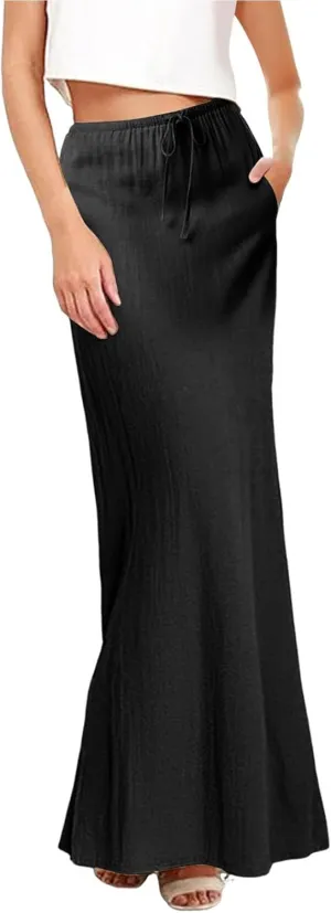 Linen Maxi Skirts for Women Trendy Summer Comfy Drawstring Waist A Line Skirts Cute Vacation Boho Long Flowy Skirts