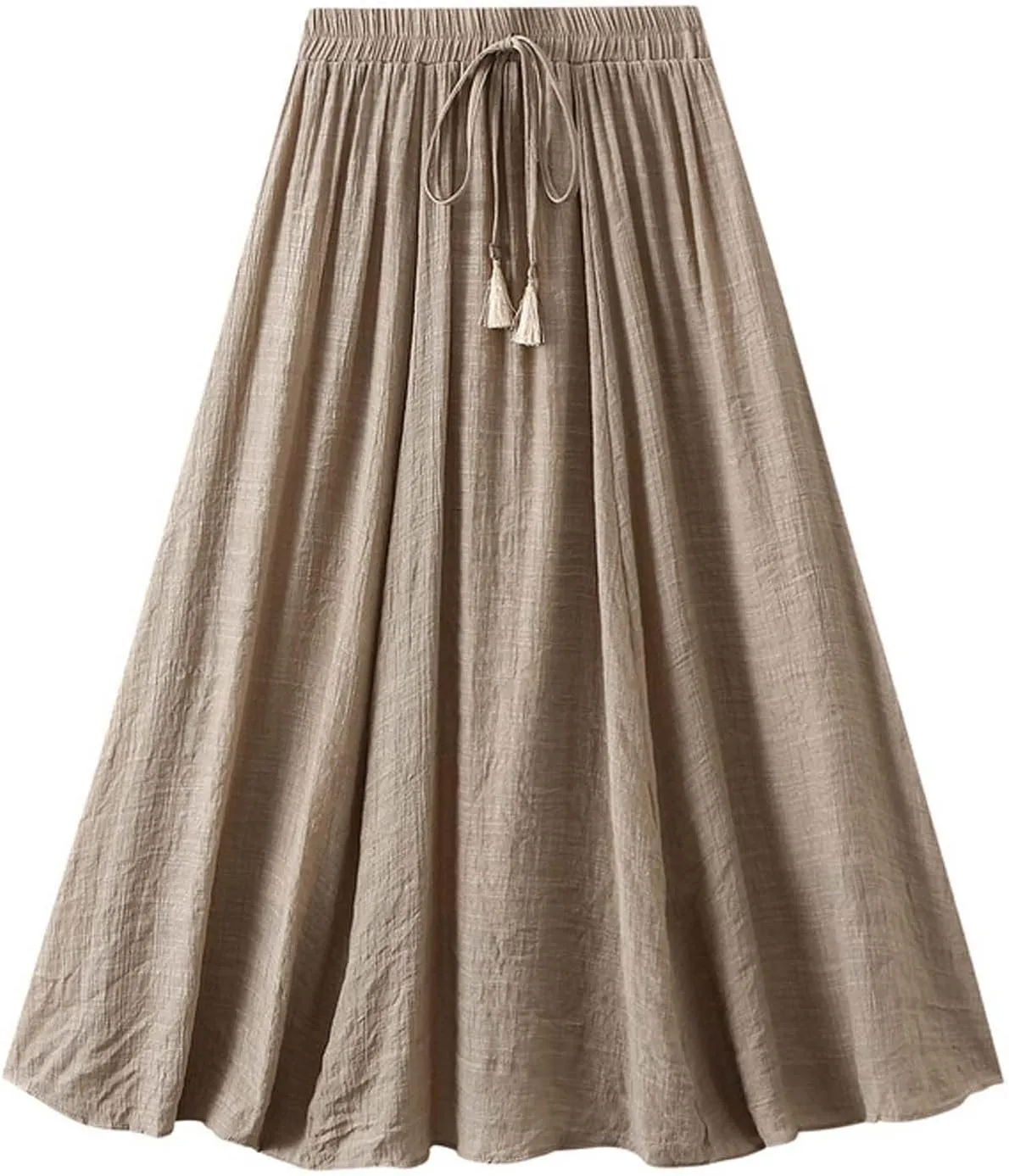Linen Midi Skirts for Women Summer Casual Elastic Waist Drawstring Pleated Skirts A-Linen Flowy Swing Beach Skirt