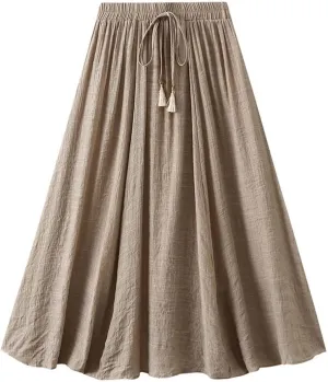 Linen Midi Skirts for Women Summer Casual Elastic Waist Drawstring Pleated Skirts A-Linen Flowy Swing Beach Skirt
