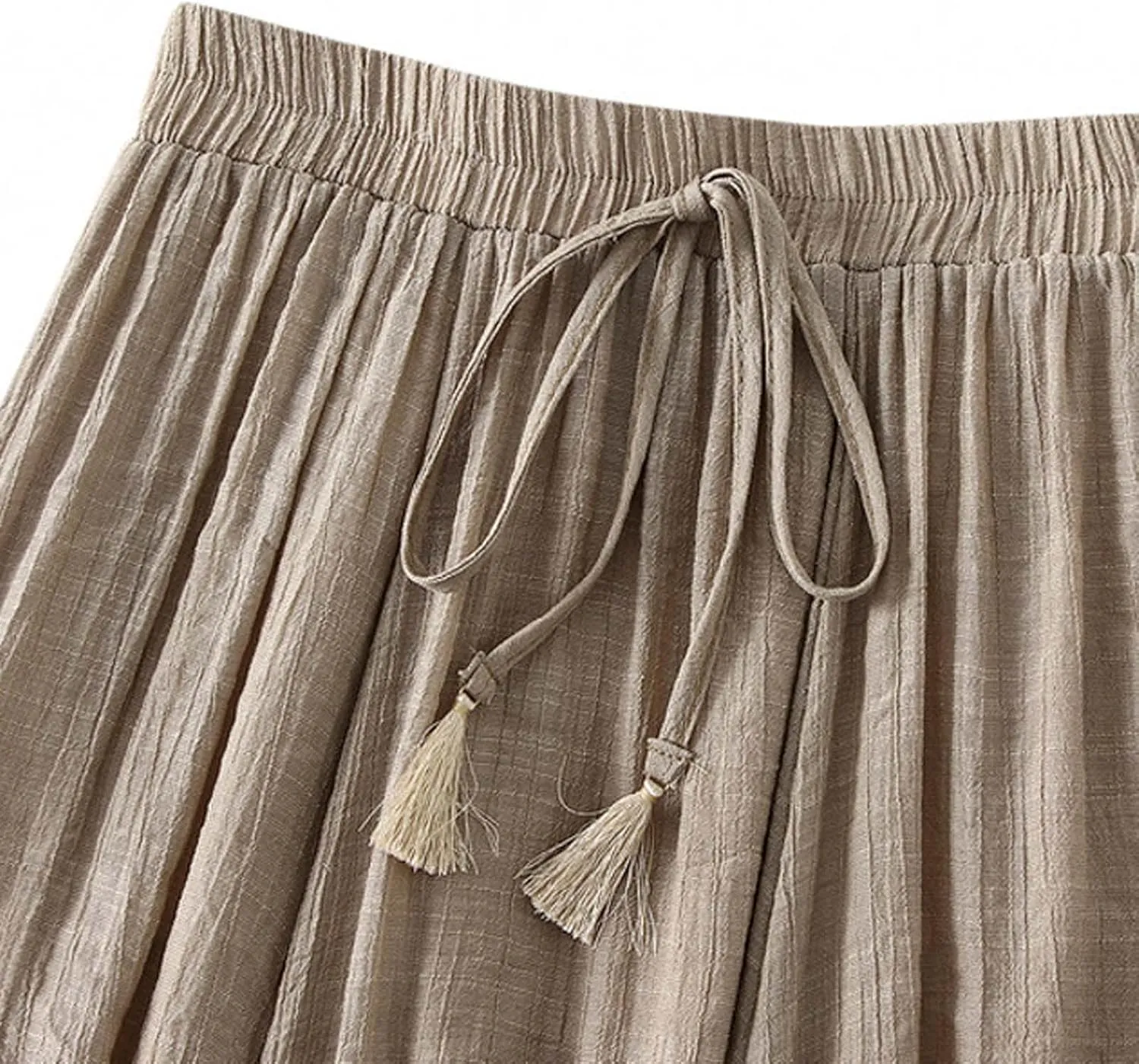Linen Midi Skirts for Women Summer Casual Elastic Waist Drawstring Pleated Skirts A-Linen Flowy Swing Beach Skirt