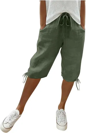 Linen Pants Women Summer Pants Ladies Loose Drawstring Casual Solid Color Shorts Wide Leg Casual Cotton Linen Pants