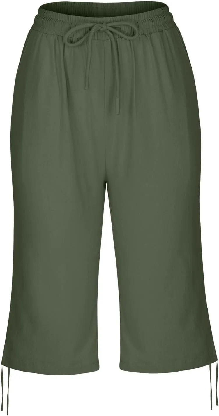 Linen Pants Women Summer Pants Ladies Loose Drawstring Casual Solid Color Shorts Wide Leg Casual Cotton Linen Pants