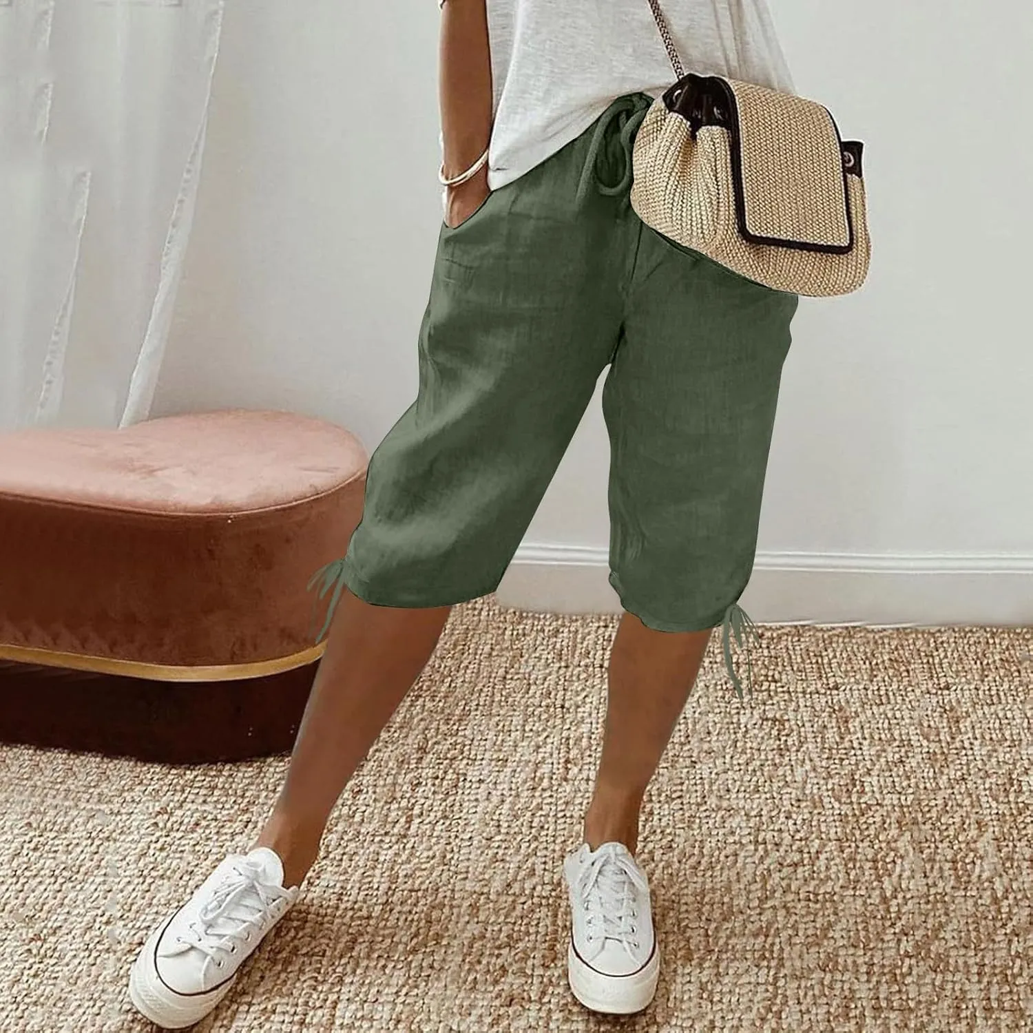 Linen Pants Women Summer Pants Ladies Loose Drawstring Casual Solid Color Shorts Wide Leg Casual Cotton Linen Pants
