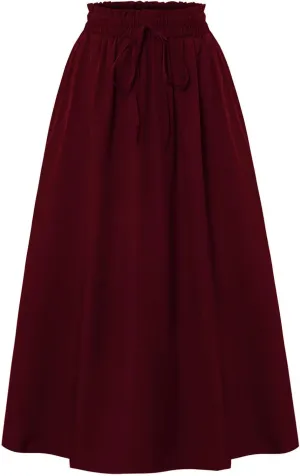 Linen Skirt for Women Summer Drawstring High Waisted Midi Skirt Smocked A Line Dressy Skirts Knee Length with Pockets