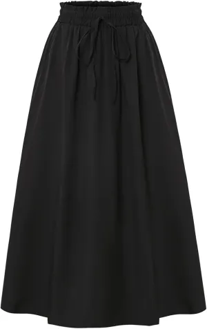 Linen Skirt for Women Summer Drawstring High Waisted Midi Skirt Smocked A Line Dressy Skirts Knee Length with Pockets
