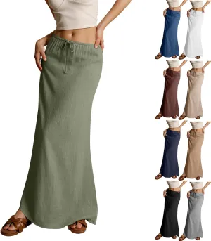 Linen Skirts for Women Summer Casual Flowy Boho Flared Stretchy High Waisted Drawstring Beach A Line Maxi Skirts