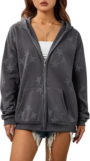 lisenraIn Women Teen Girls Star Pattern Zip Up Hoodie Y2K Vintage Oversized Sweatshirt Spring Fall Aesthetic Trendy Jacket