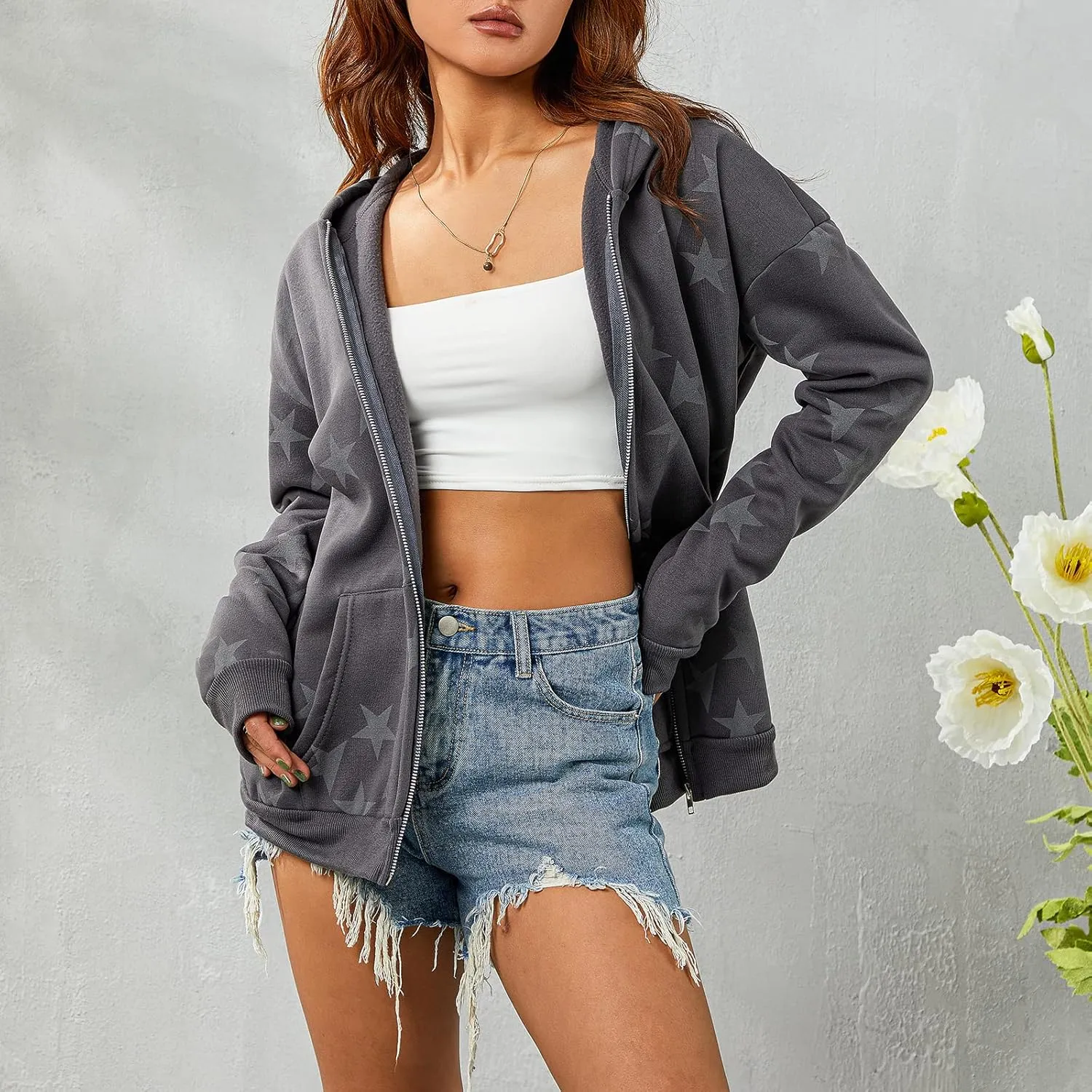 lisenraIn Women Teen Girls Star Pattern Zip Up Hoodie Y2K Vintage Oversized Sweatshirt Spring Fall Aesthetic Trendy Jacket