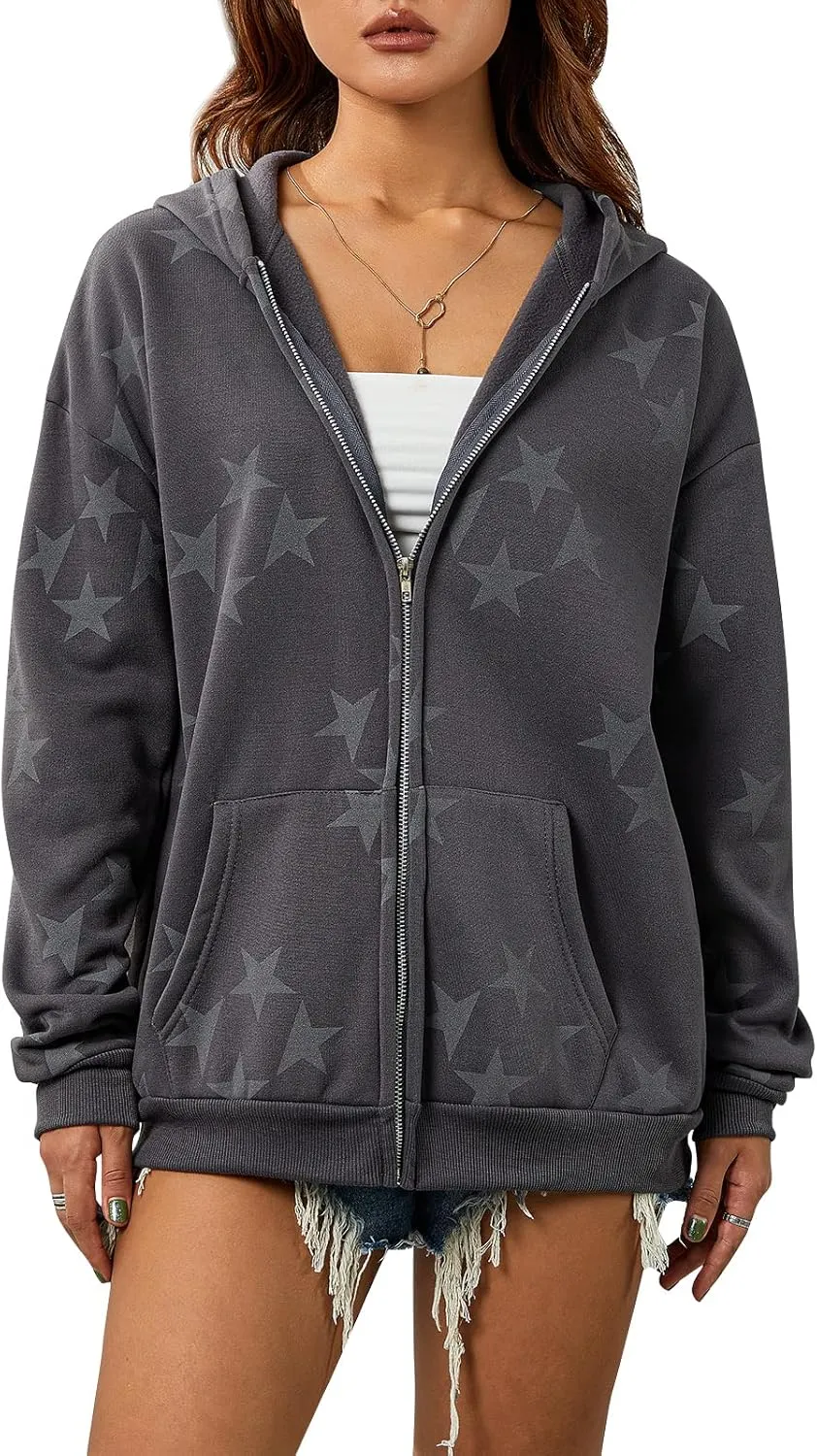 lisenraIn Women Teen Girls Star Pattern Zip Up Hoodie Y2K Vintage Oversized Sweatshirt Spring Fall Aesthetic Trendy Jacket