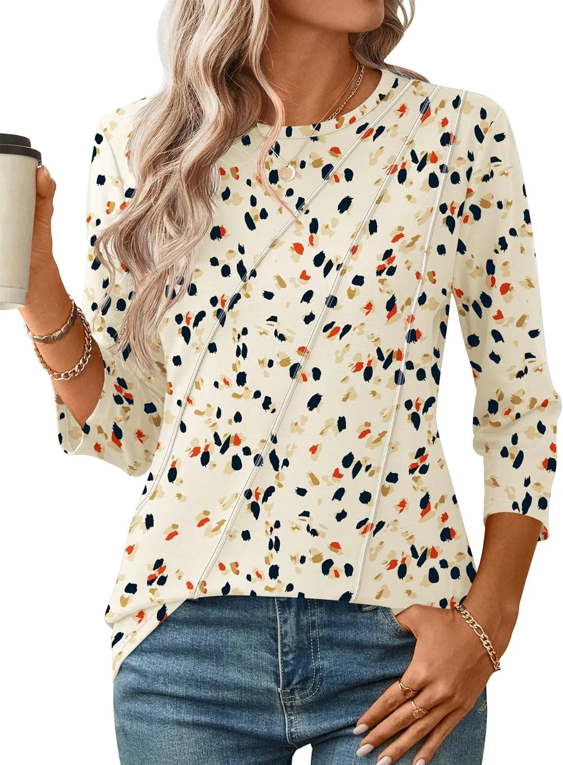 LOMON 3/4 Length Sleeve Womens Tops Spring Summer Fashion 2025 Tops Crew Neck Pleated Shirts Tunic Top Loose Fit