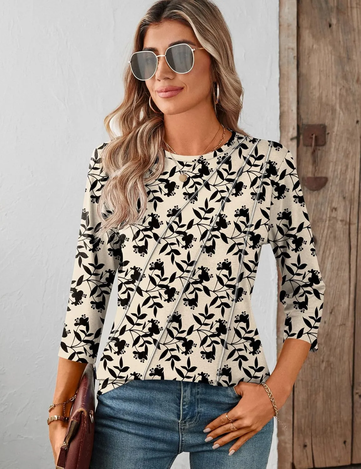 LOMON 3/4 Length Sleeve Womens Tops Spring Summer Fashion 2025 Tops Crew Neck Pleated Shirts Tunic Top Loose Fit