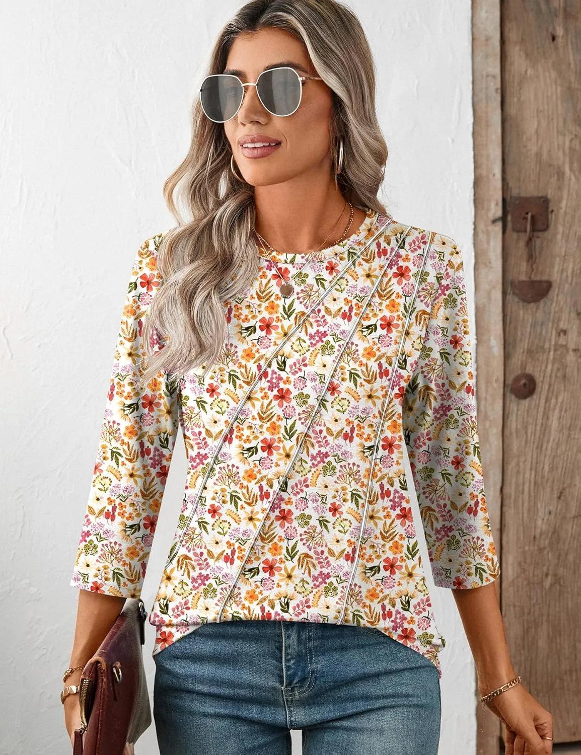 LOMON 3/4 Length Sleeve Womens Tops Spring Summer Fashion 2025 Tops Crew Neck Pleated Shirts Tunic Top Loose Fit