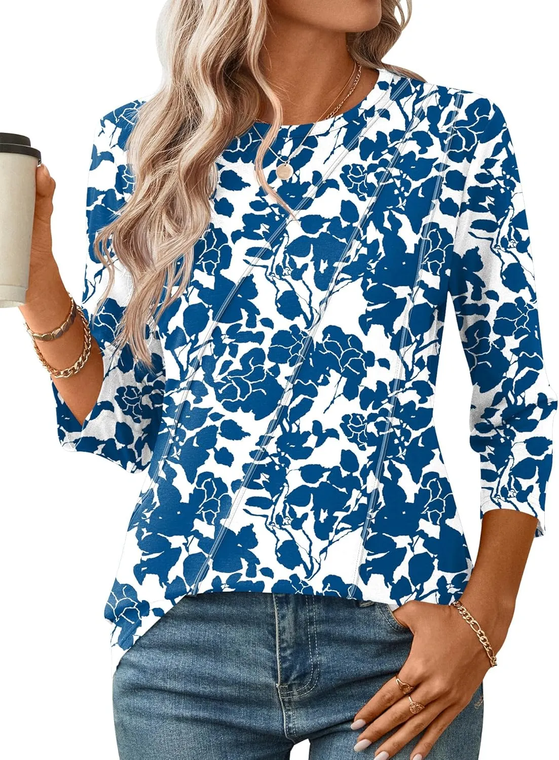 LOMON 3/4 Length Sleeve Womens Tops Spring Summer Fashion 2025 Tops Crew Neck Pleated Shirts Tunic Top Loose Fit
