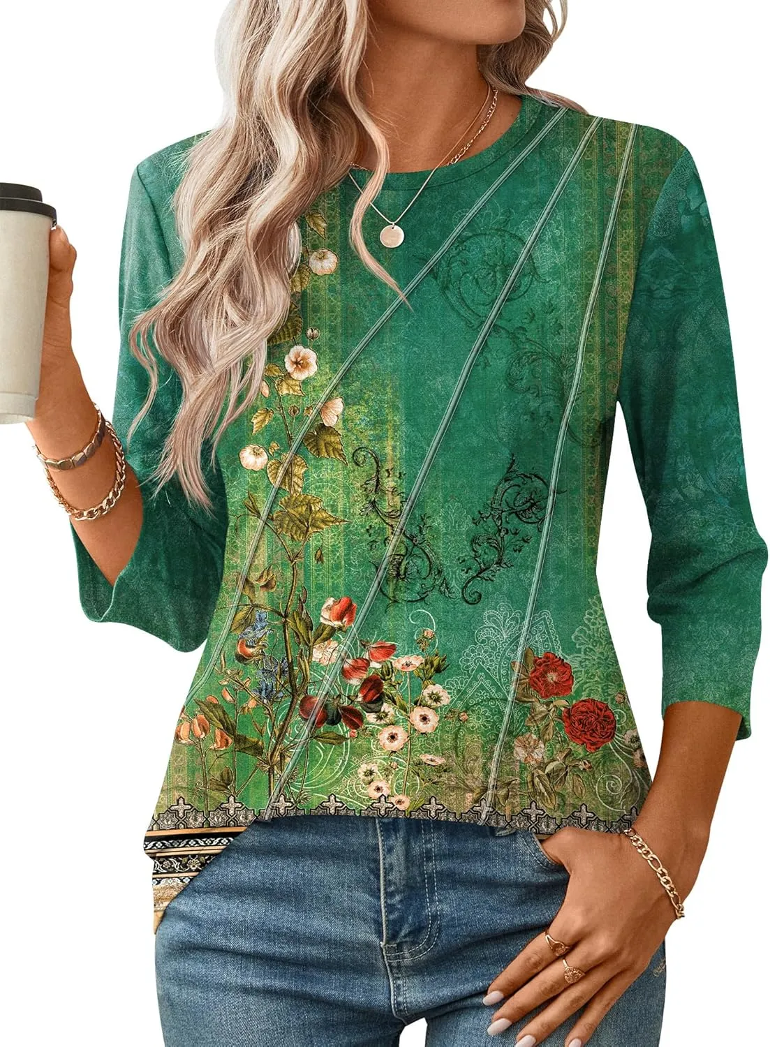 LOMON 3/4 Length Sleeve Womens Tops Spring Summer Fashion 2025 Tops Crew Neck Pleated Shirts Tunic Top Loose Fit