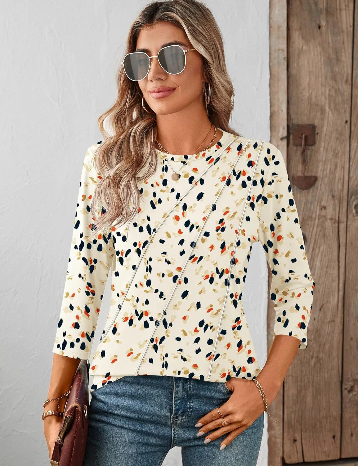 LOMON 3/4 Length Sleeve Womens Tops Spring Summer Fashion 2025 Tops Crew Neck Pleated Shirts Tunic Top Loose Fit