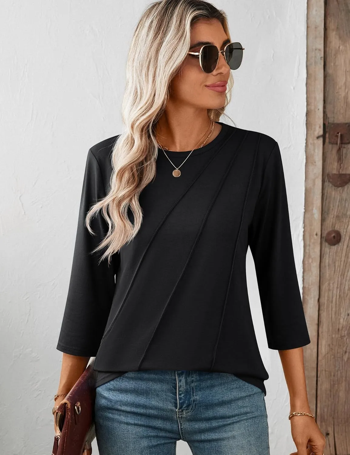 LOMON 3/4 Length Sleeve Womens Tops Spring Summer Fashion 2025 Tops Crew Neck Pleated Shirts Tunic Top Loose Fit