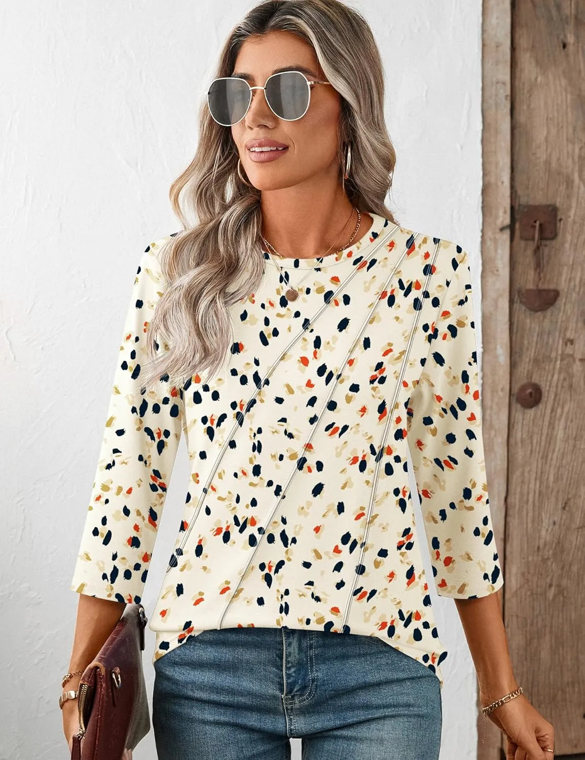 LOMON 3/4 Length Sleeve Womens Tops Spring Summer Fashion 2025 Tops Crew Neck Pleated Shirts Tunic Top Loose Fit