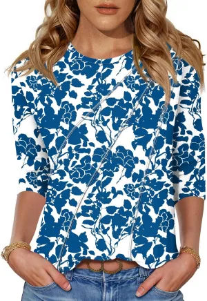 LOMON 3/4 Length Sleeve Womens Tops Spring Summer Fashion 2025 Tops Crew Neck Pleated Shirts Tunic Top Loose Fit