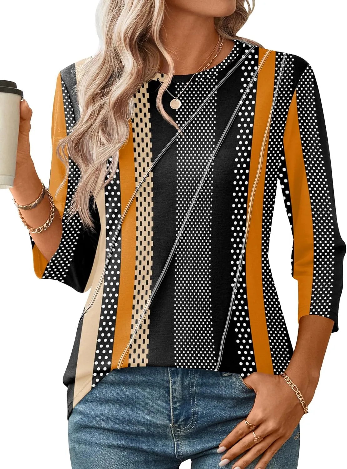 LOMON 3/4 Length Sleeve Womens Tops Spring Summer Fashion 2025 Tops Crew Neck Pleated Shirts Tunic Top Loose Fit