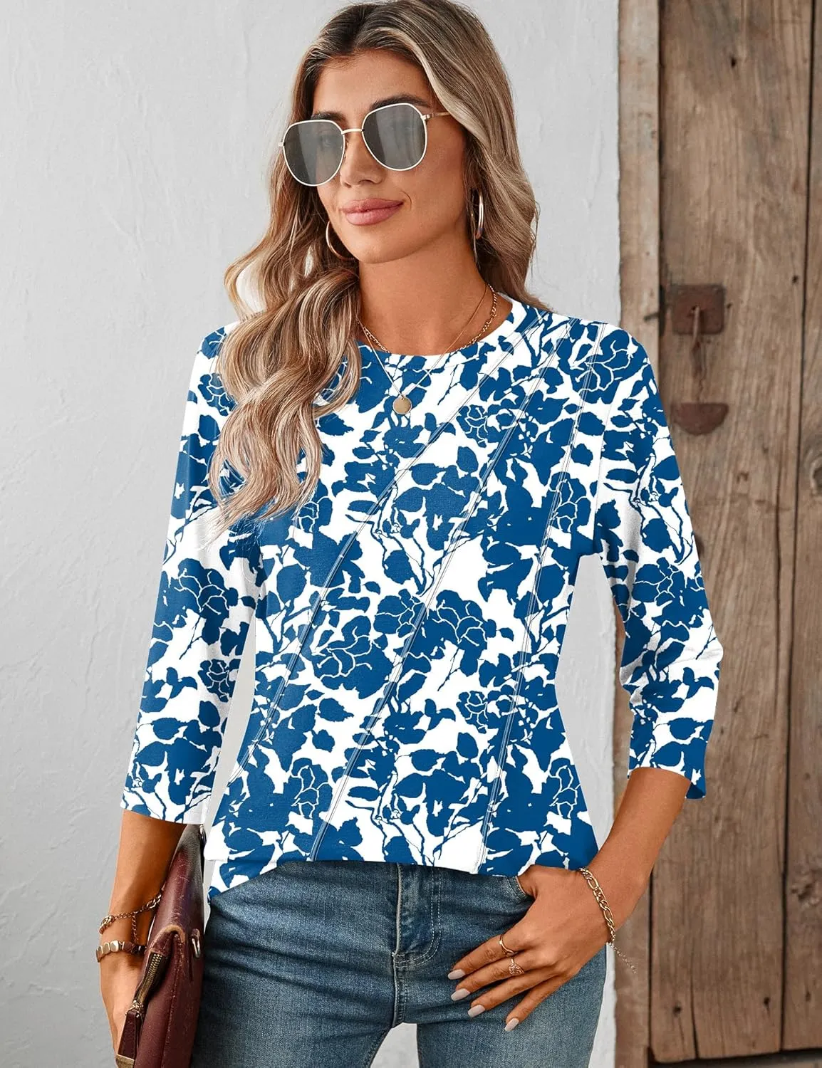 LOMON 3/4 Length Sleeve Womens Tops Spring Summer Fashion 2025 Tops Crew Neck Pleated Shirts Tunic Top Loose Fit