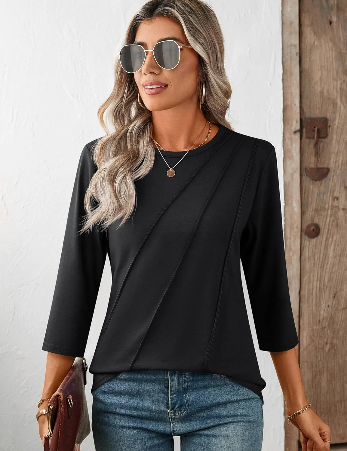 LOMON 3/4 Length Sleeve Womens Tops Spring Summer Fashion 2025 Tops Crew Neck Pleated Shirts Tunic Top Loose Fit