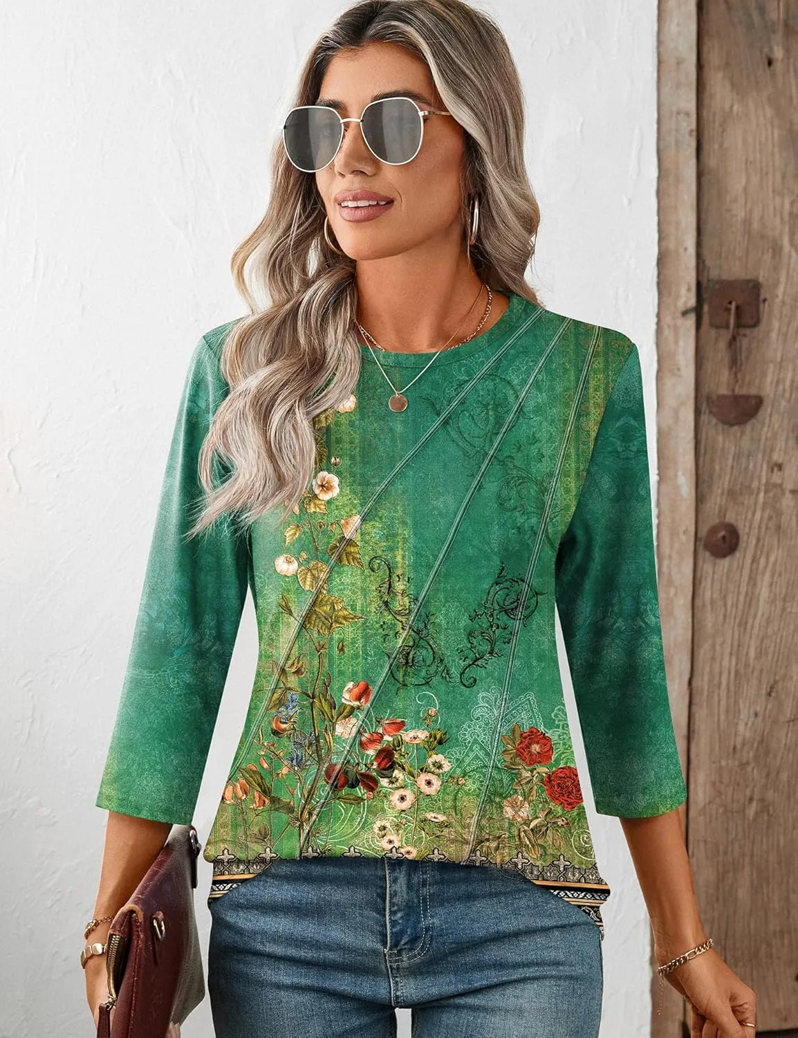 LOMON 3/4 Length Sleeve Womens Tops Spring Summer Fashion 2025 Tops Crew Neck Pleated Shirts Tunic Top Loose Fit