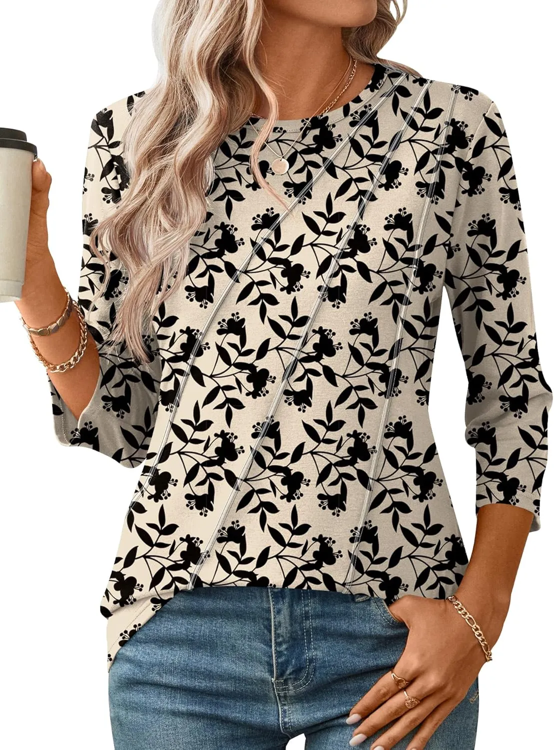 LOMON 3/4 Length Sleeve Womens Tops Spring Summer Fashion 2025 Tops Crew Neck Pleated Shirts Tunic Top Loose Fit