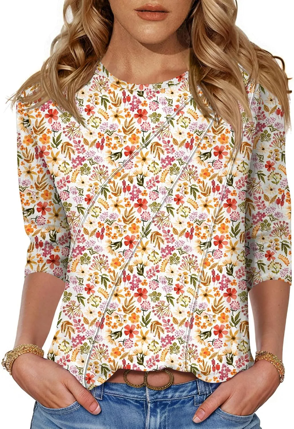 LOMON 3/4 Length Sleeve Womens Tops Spring Summer Fashion 2025 Tops Crew Neck Pleated Shirts Tunic Top Loose Fit