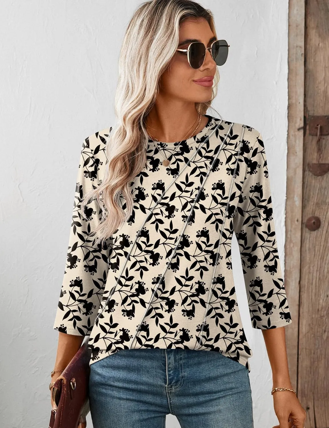 LOMON 3/4 Length Sleeve Womens Tops Spring Summer Fashion 2025 Tops Crew Neck Pleated Shirts Tunic Top Loose Fit