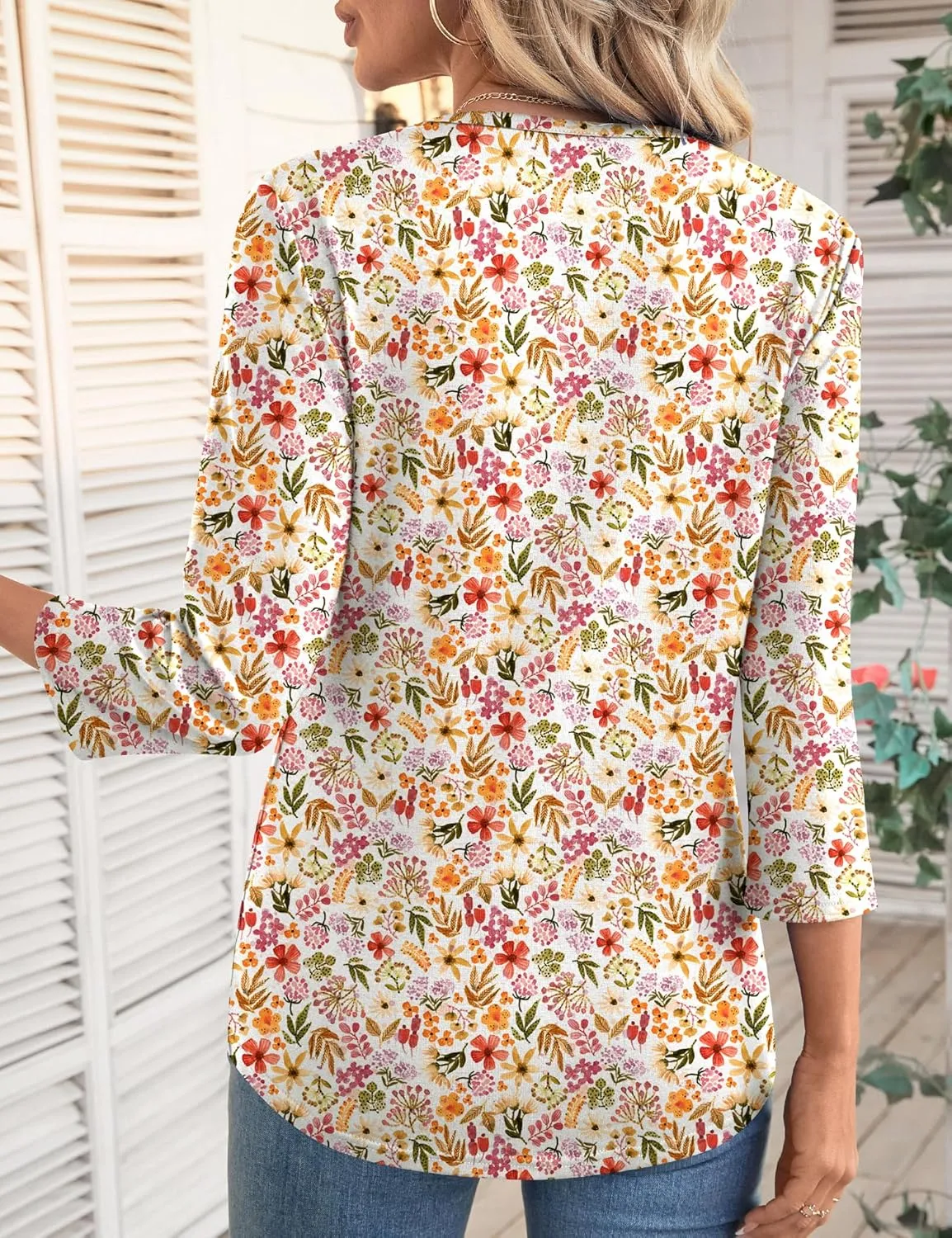 LOMON 3/4 Length Sleeve Womens Tops Spring Summer Fashion 2025 Tops Crew Neck Pleated Shirts Tunic Top Loose Fit