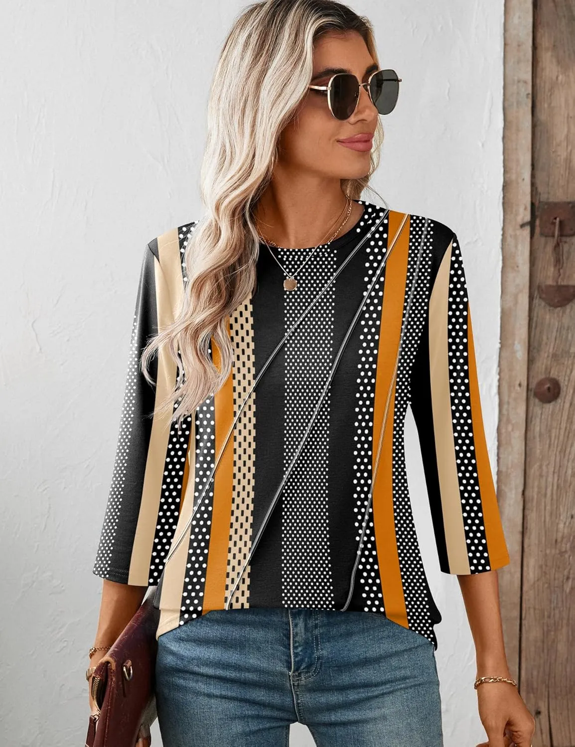 LOMON 3/4 Length Sleeve Womens Tops Spring Summer Fashion 2025 Tops Crew Neck Pleated Shirts Tunic Top Loose Fit