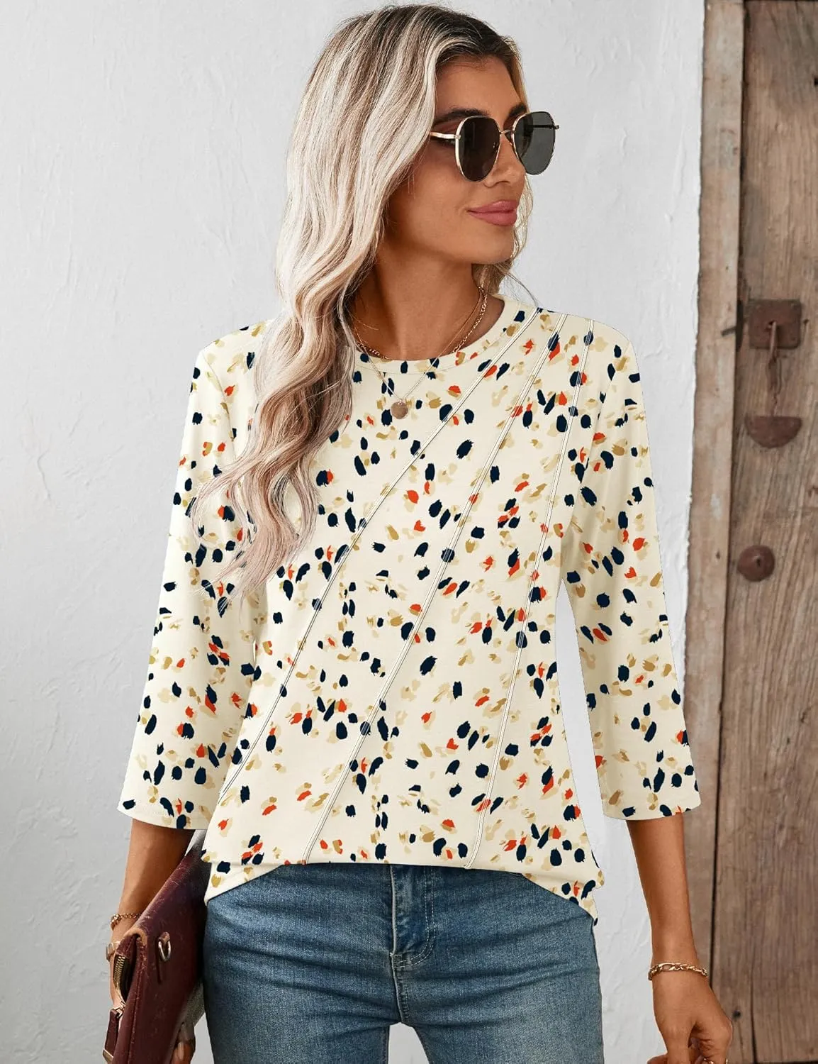 LOMON 3/4 Length Sleeve Womens Tops Spring Summer Fashion 2025 Tops Crew Neck Pleated Shirts Tunic Top Loose Fit