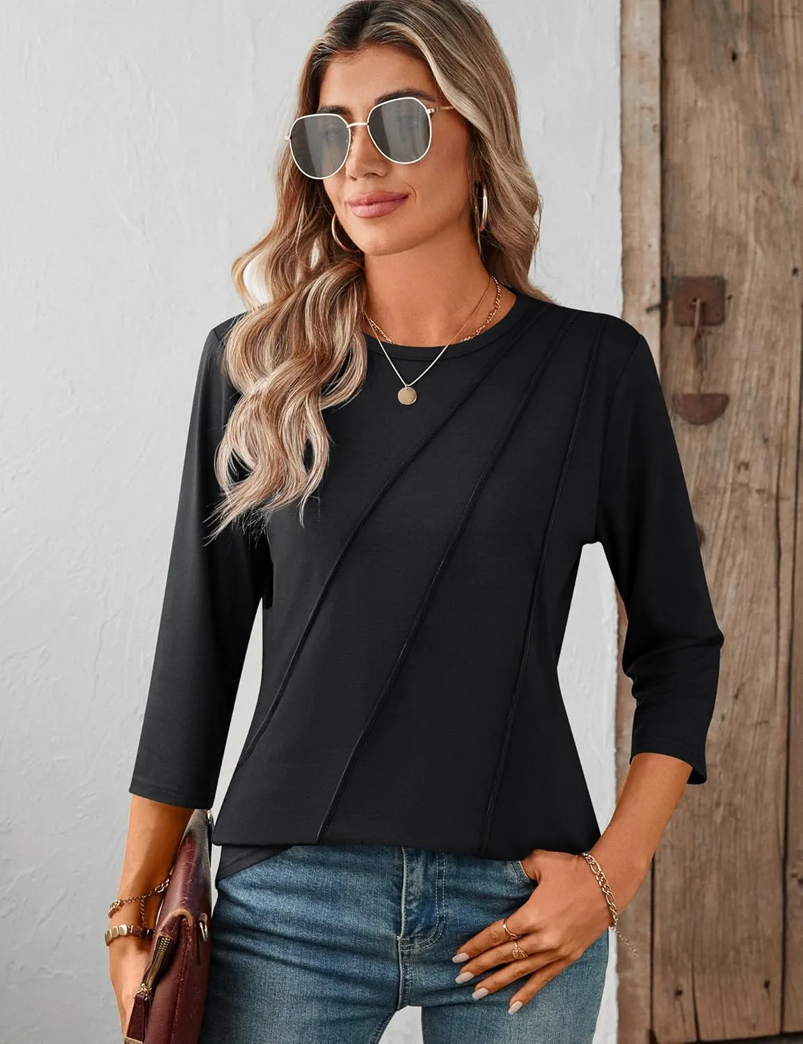 LOMON 3/4 Length Sleeve Womens Tops Spring Summer Fashion 2025 Tops Crew Neck Pleated Shirts Tunic Top Loose Fit