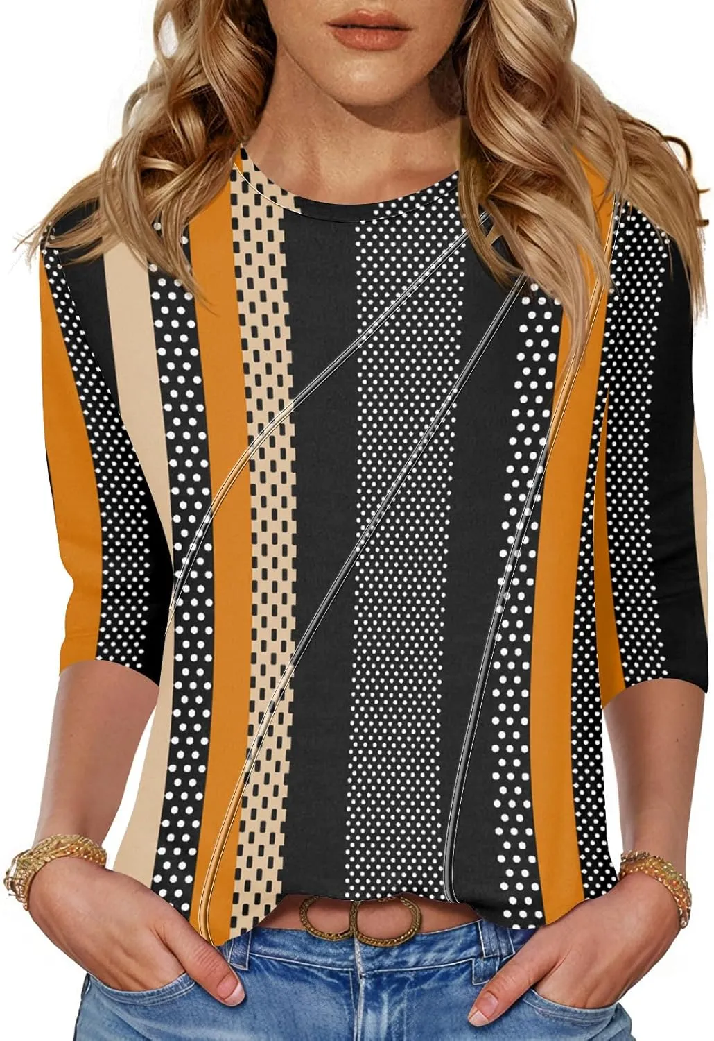 LOMON 3/4 Length Sleeve Womens Tops Spring Summer Fashion 2025 Tops Crew Neck Pleated Shirts Tunic Top Loose Fit