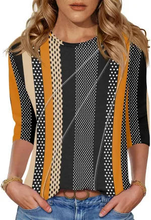 LOMON 3/4 Length Sleeve Womens Tops Spring Summer Fashion 2025 Tops Crew Neck Pleated Shirts Tunic Top Loose Fit