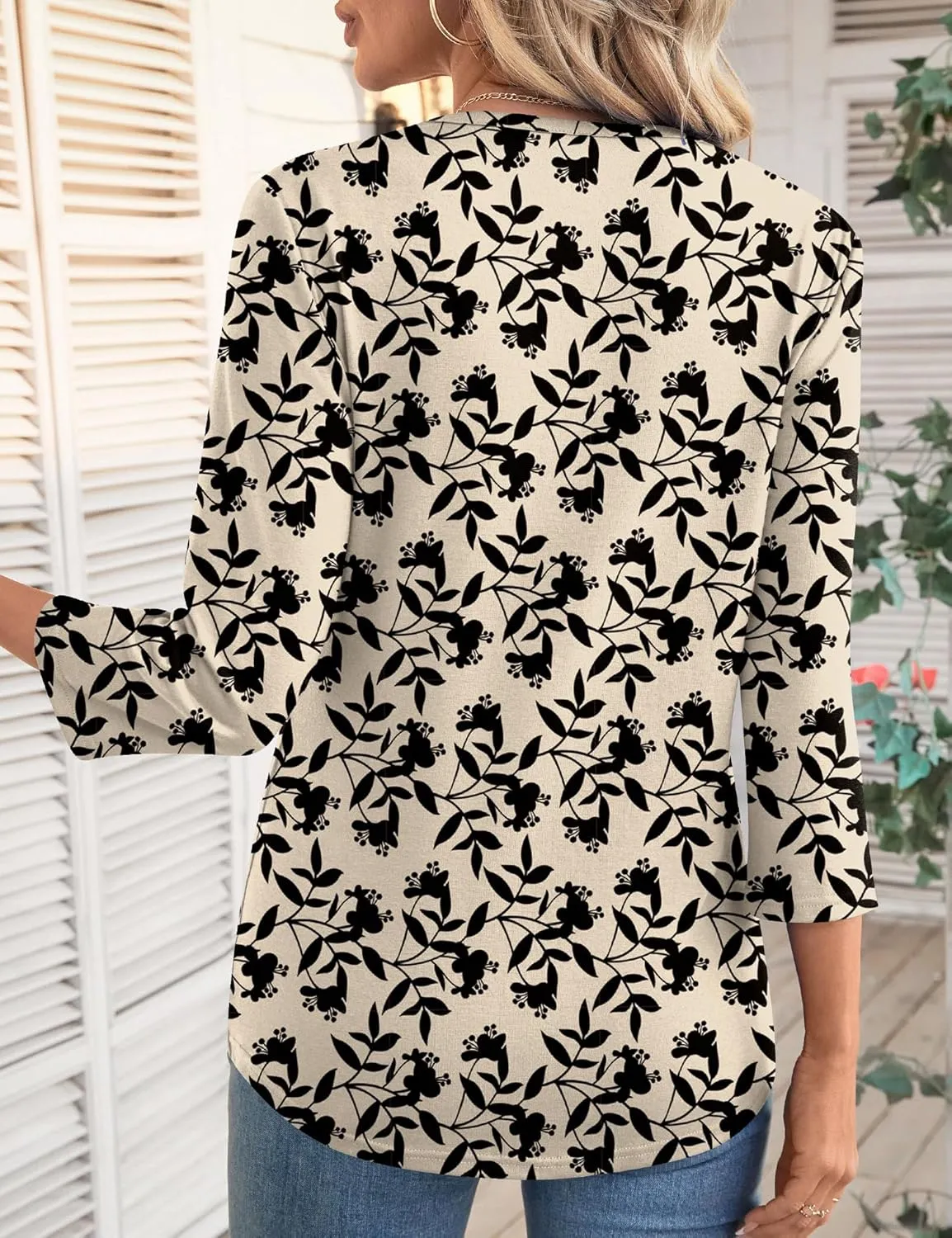 LOMON 3/4 Length Sleeve Womens Tops Spring Summer Fashion 2025 Tops Crew Neck Pleated Shirts Tunic Top Loose Fit