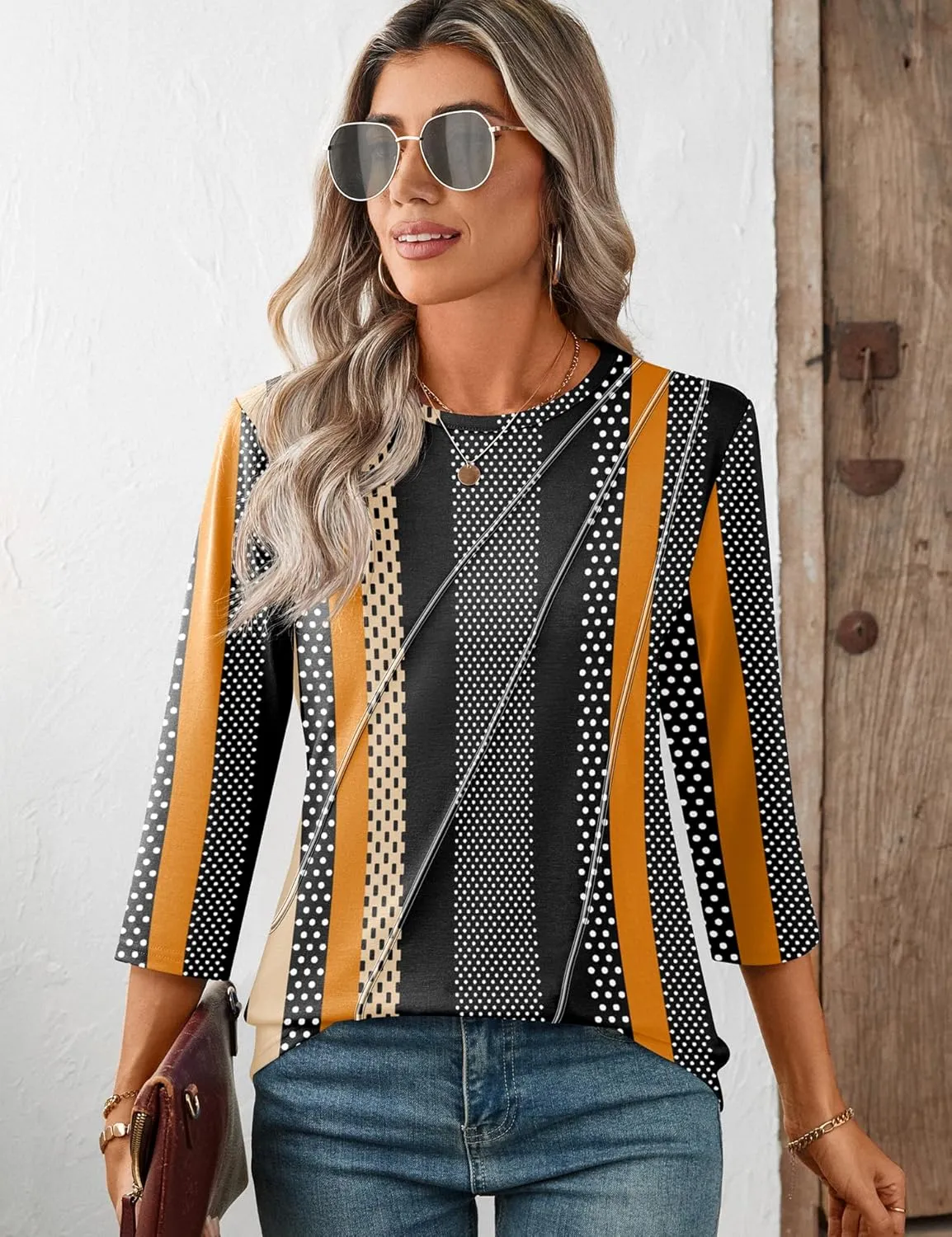 LOMON 3/4 Length Sleeve Womens Tops Spring Summer Fashion 2025 Tops Crew Neck Pleated Shirts Tunic Top Loose Fit