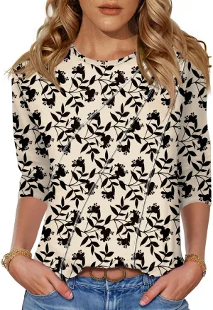 LOMON 3/4 Length Sleeve Womens Tops Spring Summer Fashion 2025 Tops Crew Neck Pleated Shirts Tunic Top Loose Fit