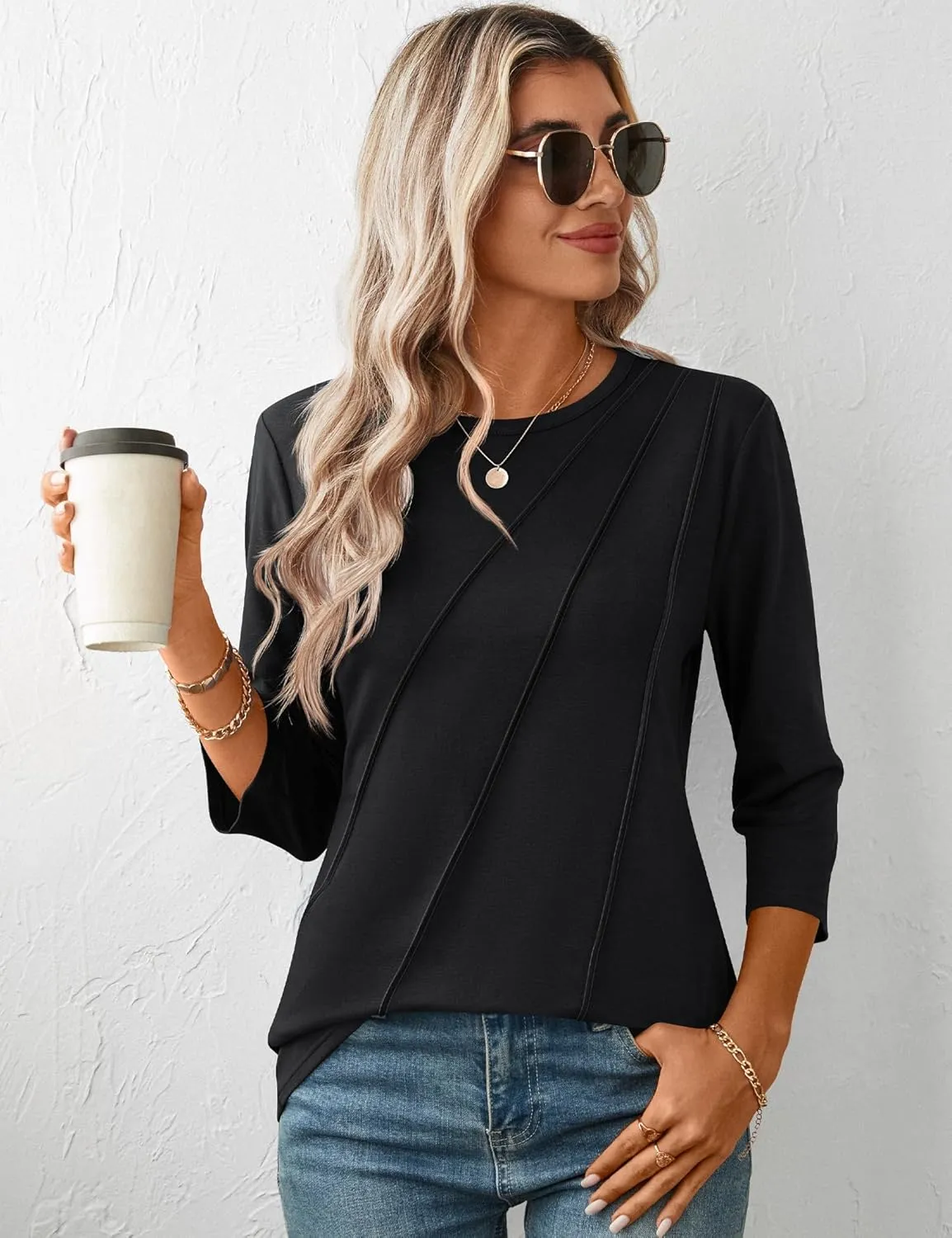 LOMON 3/4 Length Sleeve Womens Tops Spring Summer Fashion 2025 Tops Crew Neck Pleated Shirts Tunic Top Loose Fit