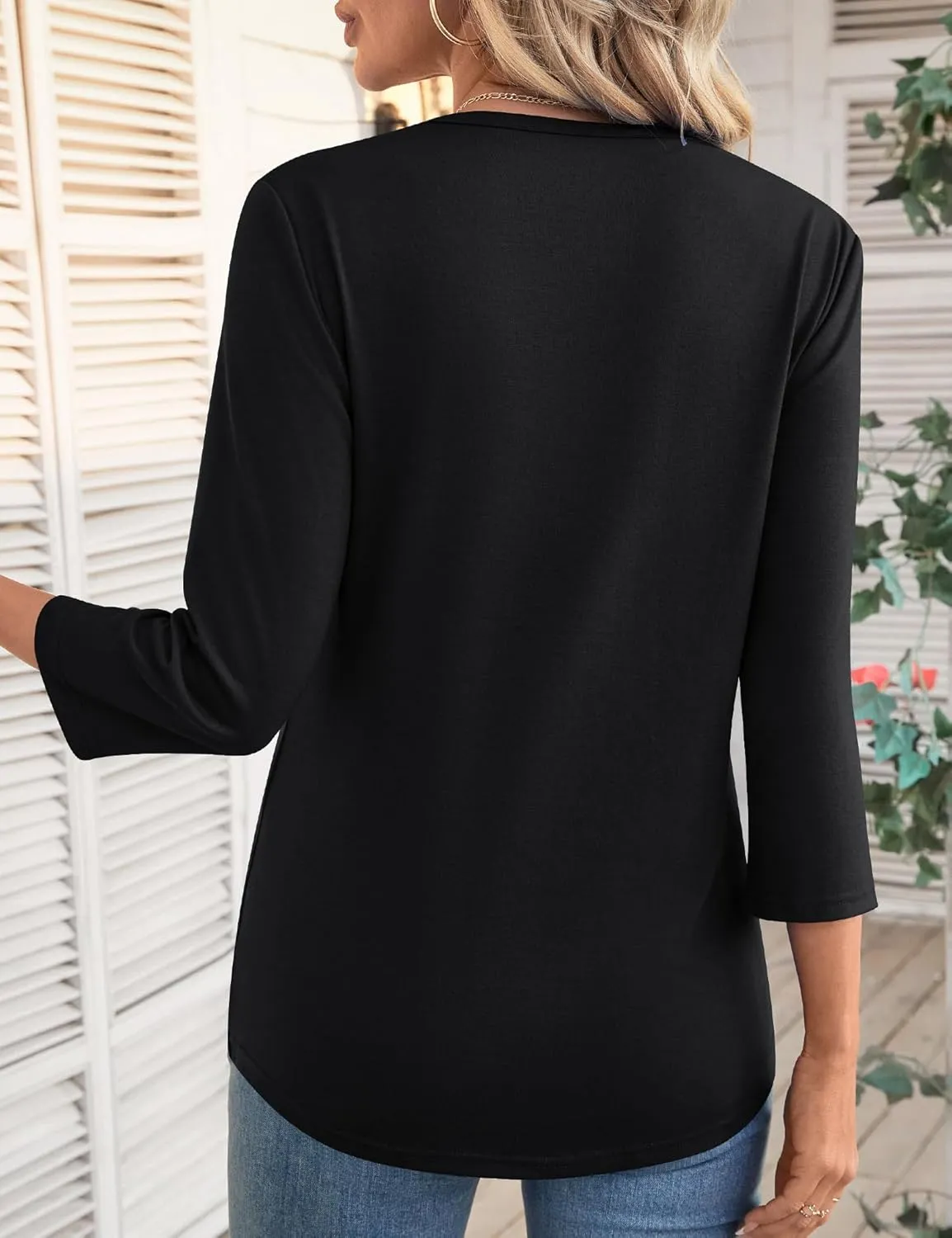 LOMON 3/4 Length Sleeve Womens Tops Spring Summer Fashion 2025 Tops Crew Neck Pleated Shirts Tunic Top Loose Fit
