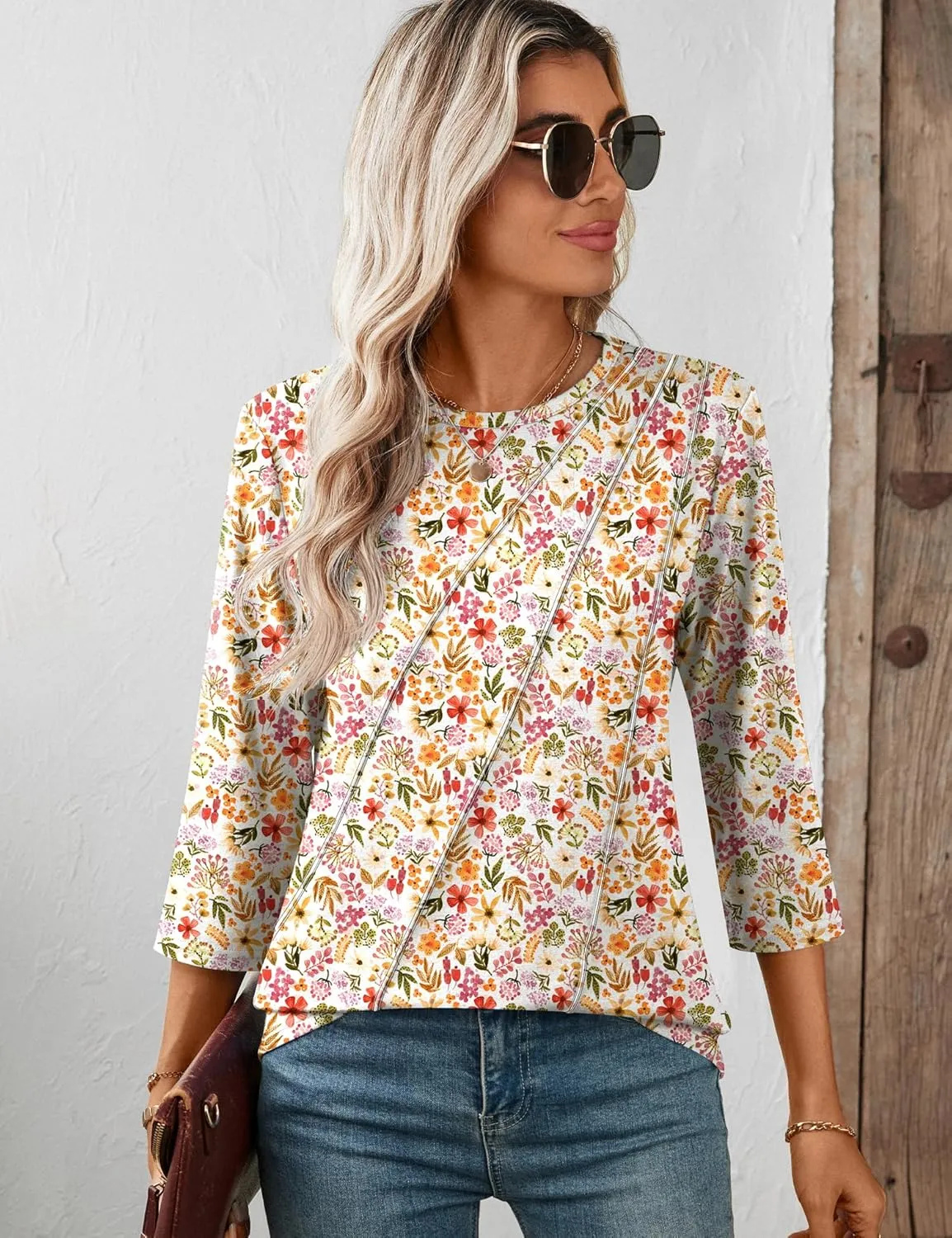 LOMON 3/4 Length Sleeve Womens Tops Spring Summer Fashion 2025 Tops Crew Neck Pleated Shirts Tunic Top Loose Fit